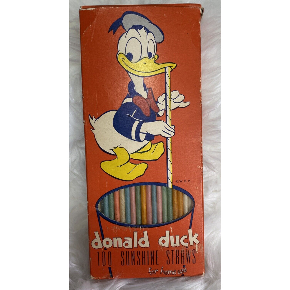 Vintage Box Donald Duck 100 Sunshine Color Straws American Seal-Kap Corp NYC USA